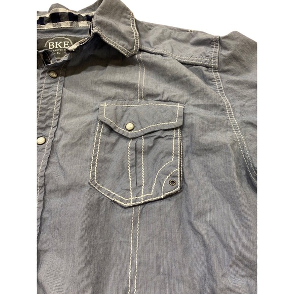 BKE Athletic Fit Mens XL Blue Micro Stripe Short Sleeve Snap Front Western Shirt - Picture 3 of 8